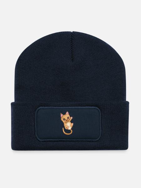 Chaton Orange mignon - Beanie recyclé à patch - bleu marine