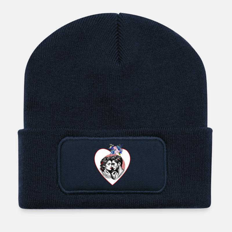 Herzduo im Blütenrahmen - Recycelte Patch Beanie - French Navy