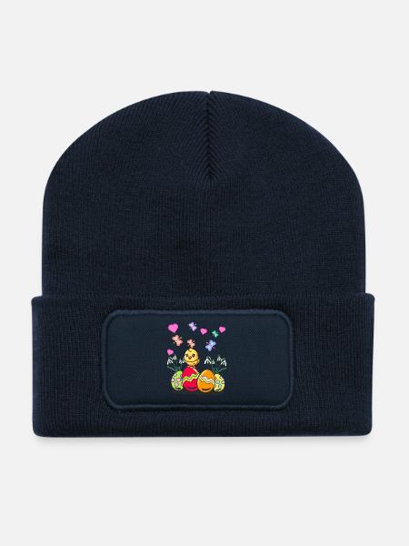 Pâques Pâques Printemps Poussin Oeufs de Pâques - Beanie recyclé à patch - bleu marine