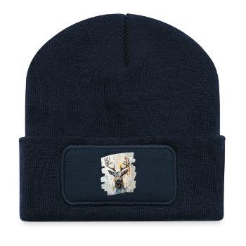 Cerf avec bois - Beanie recyclé à patch - bleu marine - Devant