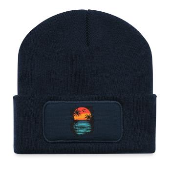 Beach Palm Trees Sunset Summer - Recycled Patch Beanie - french navy - Front