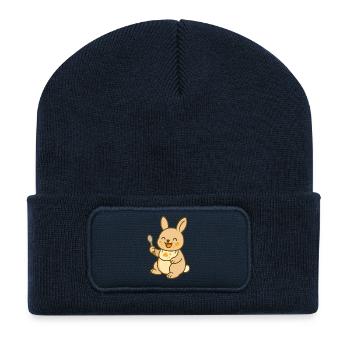 Kleines Hasenbaby beim Füttern - Recycelte Patch Beanie - French Navy - Vorne