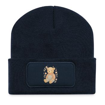 Süßer Boho Teddybär mit Blumen – Baby Design - Recycelte Patch Beanie - French Navy - Vorne