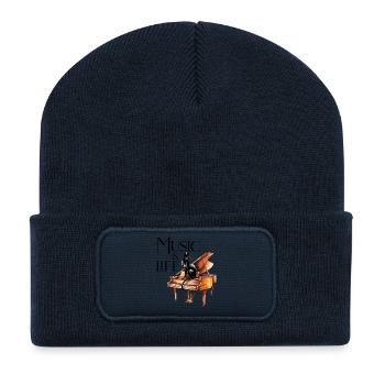 Music is Life - Black Cat Pianist on Piano - Recycled Patch Beanie - french navy - Front