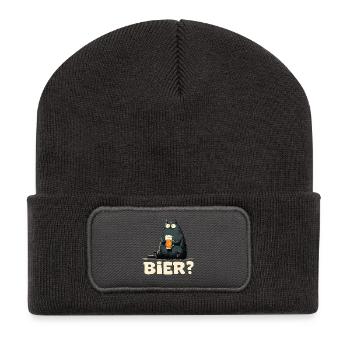 Lustige Katze mit Bier - Recycelte Patch Beanie - Dunkelgrau - Vorne