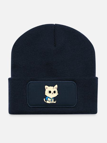 Cute School Cat Cartoon Design - Recycled Patch Beanie - french navy