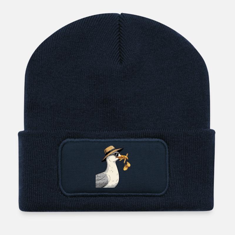 Karikaturer Seemöwe mit Sommerhut - Recycelte Patch Beanie - French Navy