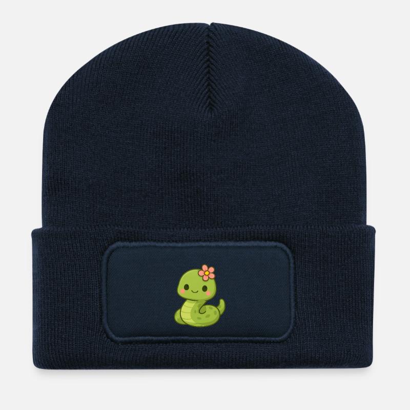 Niedliche Schlangendame mit Blume - Recycelte Patch Beanie - French Navy