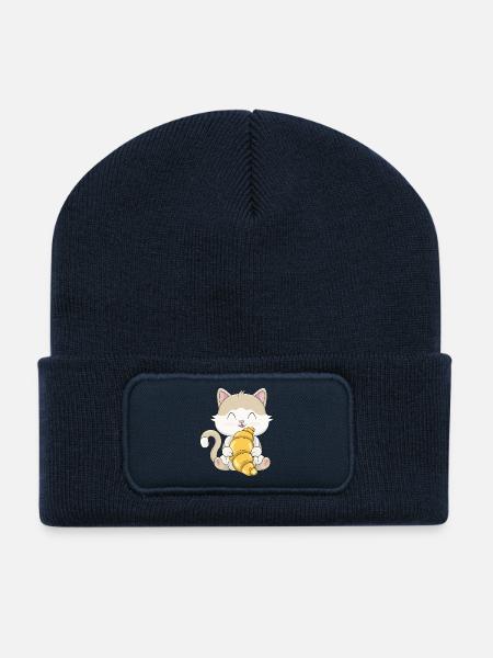 Chat Kawaii mignon avec croissant - Beanie recyclé à patch - bleu marine