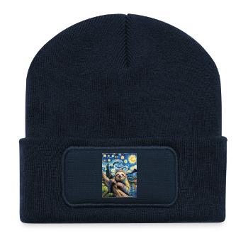 Faultier im Van Gogh Stil – Kunst trifft Chill - Recycelte Patch Beanie - French Navy - Vorne