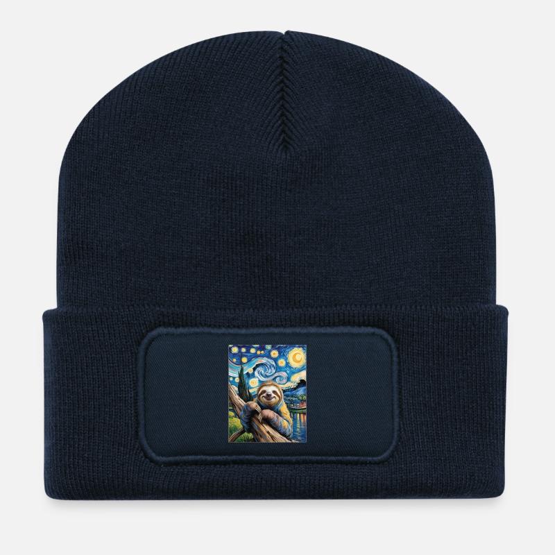 Faultier im Van Gogh Stil – Kunst trifft Chill - Recycelte Patch Beanie - French Navy