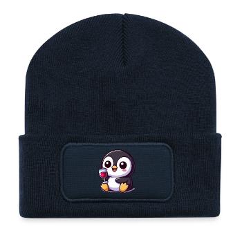 mignon pingouin amateur de vin dessin animé chibi vin rouge - Beanie recyclé à patch - bleu marine - Devant