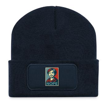 a girl and a  humorous NOPE poster message - Recycled Patch Beanie - french navy - Front