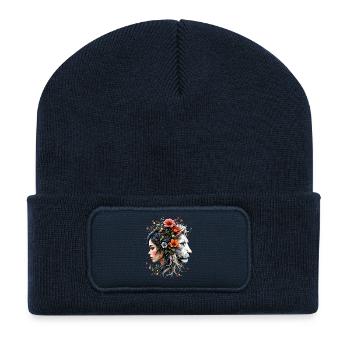 Woman and Lion in Floral Fusion - Recycled Patch Beanie - french navy - Front
