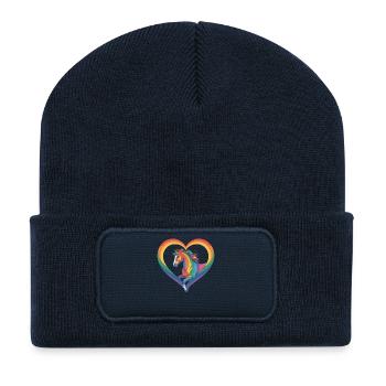 Regenbogen Pferd im Herzrahmen - Recycelte Patch Beanie - French Navy - Vorne