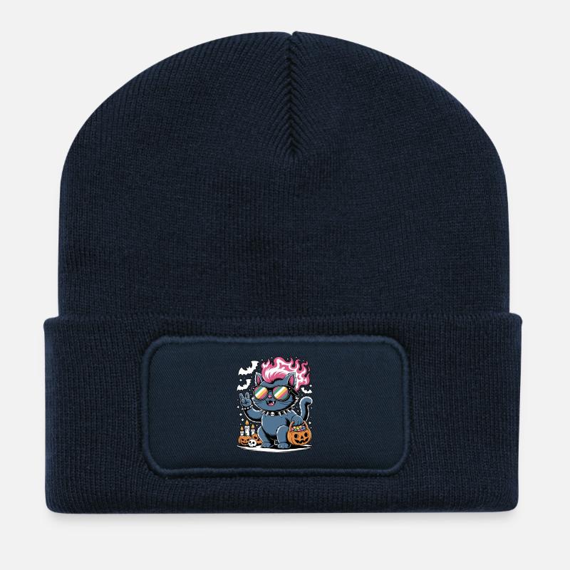 Katzenpunk Halloween mit Sonnenbrille - Recycelte Patch Beanie - French Navy