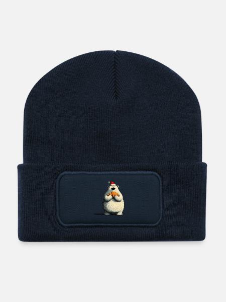 Christmas Polar Bear with Croissant - Recycelte Patch Beanie - French Navy