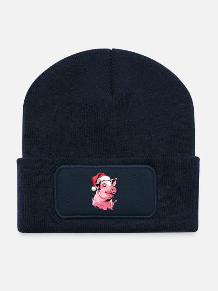 Cochon de Noël festif avec chapeau - Beanie recyclé à patch - bleu marine