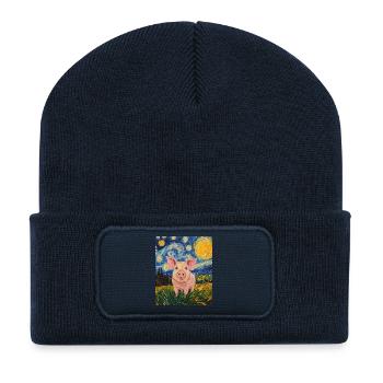 Schwein Ferkel Van Gogh Style Starry Night - Recycelte Patch Beanie - French Navy - Vorne