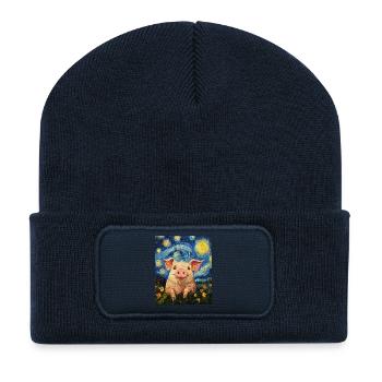 Schwein Ferkel Van Gogh Style Starry Night - Recycelte Patch Beanie - French Navy - Vorne