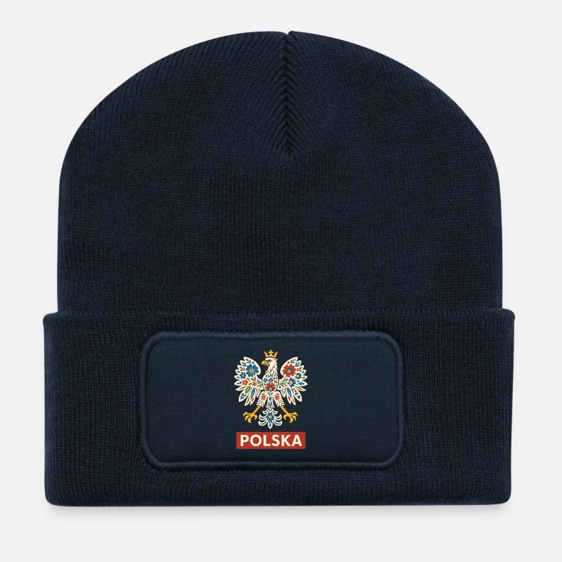 Aigle blanc polonais à motif floral folklorique - Beanie recyclé à patch - bleu marine