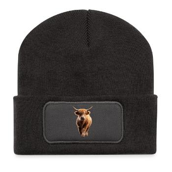 Kuh Highland Cow Hochlandrind Rind Bauernhof Kühe - Recycelte Patch Beanie - Dunkelgrau - Vorne