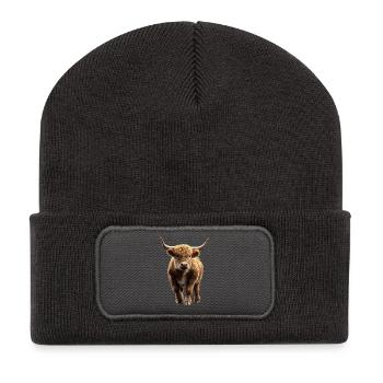 Kuh Highland Cow Hochlandrind Rind Bauernhof Kühe - Recycelte Patch Beanie - Dunkelgrau - Vorne