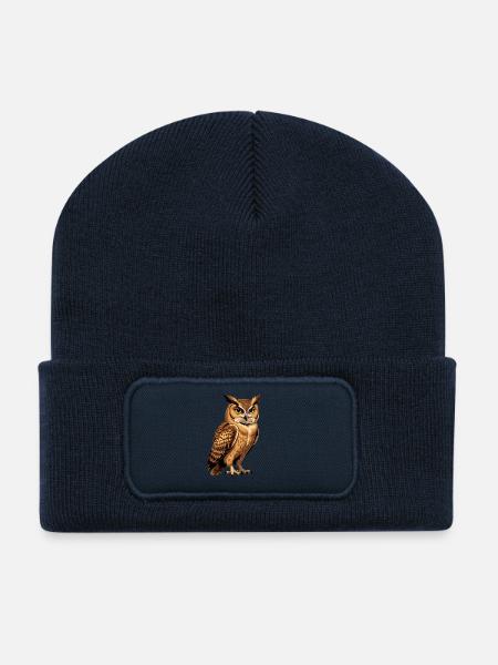 Waldkauz Portrait in Naturtönen - Recycelte Patch Beanie - French Navy