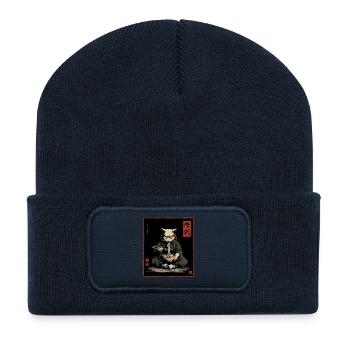 Samurai Cat Ramen Japon Streetwear Design - Beanie recyclé à patch - bleu marine - Devant