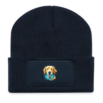 Bunter Hund Popart Porträt - Recycelte Patch Beanie - French Navy - Vorne