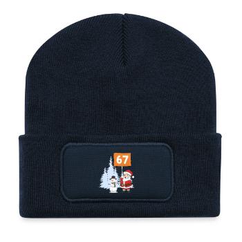 Santa und Schneemann mit 67 Schild - Recycelte Patch Beanie - French Navy - Vorne