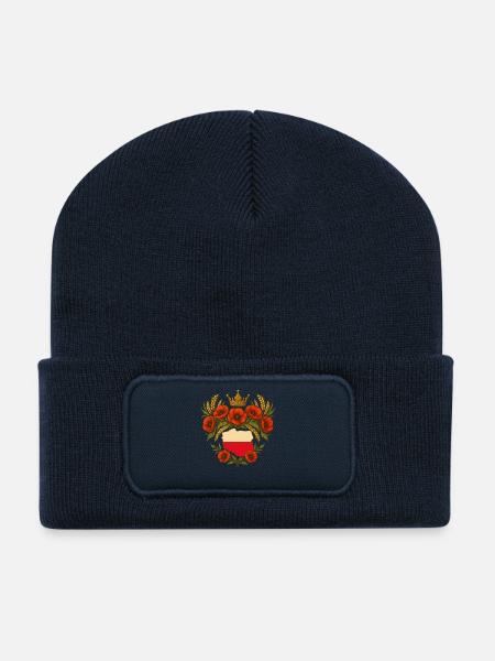 Polish Map Crown with Poppies Design - Recycled Patch Beanie - french navy