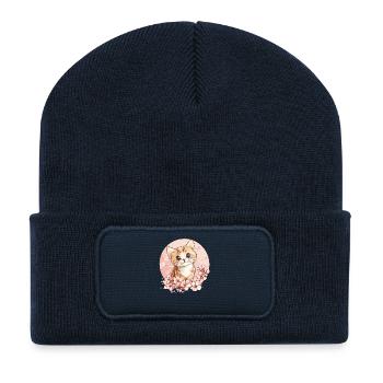 Kätzchen im Kirschblütenkreis - Recycelte Patch Beanie - French Navy - Vorne