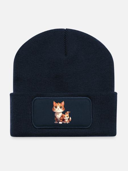 Cat Friendship Cartoon Style Cat - Recycled Patch Beanie - french navy