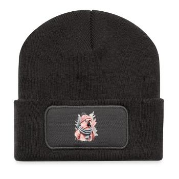Perroquet rose d’hiver en bonnet tricoté - Beanie recyclé à patch - charbon - Devant