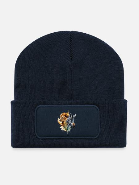Wasserfarben Löwe Zebra Patchwork - Recycelte Patch Beanie - French Navy