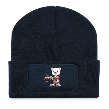 Lustiger Eisbär-Kaffeeliebhaber im karierten Bademantel - Recycelte Patch Beanie - French Navy - Vorne