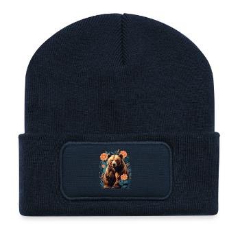 Braunbär im Blütenrahmen - Recycelte Patch Beanie - French Navy - Vorne