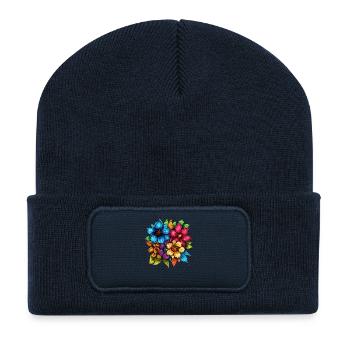 Bunter Blütenstrauß auf Schwarz - Recycelte Patch Beanie - French Navy - Vorne