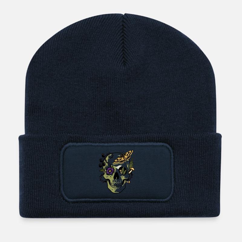 Crâne Natura avec des Fleurs et des Papillons - Beanie recyclé à patch - bleu marine
