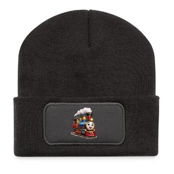 Fröhliche Cartoon-Dampflok mit Gesicht - Recycelte Patch Beanie - Dunkelgrau - Vorne