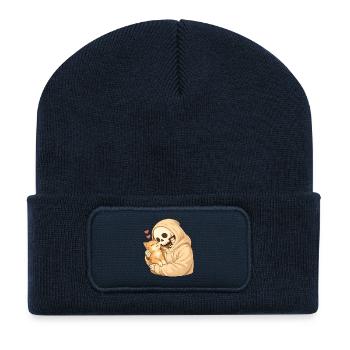 Cozy Skelett mit Katze – Geborgenheit - Recycelte Patch Beanie - French Navy - Vorne