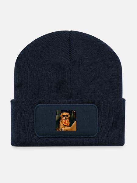 Funny Golden Retriever Dog Eating Pizza Meme - Recycelte Patch Beanie - French Navy