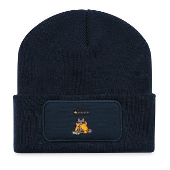 Je me suis réveillé – Je ne recommande pas (chat fatigué) - Beanie recyclé à patch - bleu marine - Devant