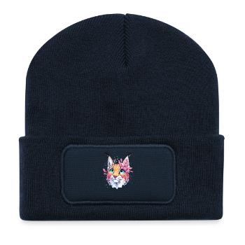 Cat portrait with floral accent - Recycled Patch Beanie - french navy - Front