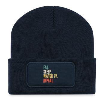 Essen Schlaf Fernsehen Wiederholen Retro Vintage - Recycelte Patch Beanie - French Navy - Vorne