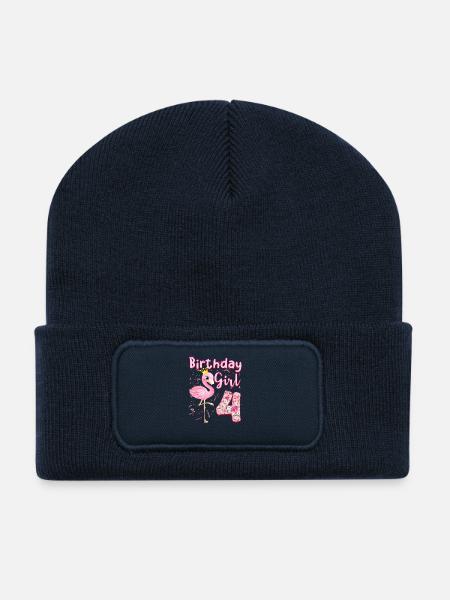 4th Birthday Girls Flamingo 4 Years Old - Recycled Patch Beanie - french navy