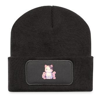 Kawaii Zwinkernde Katze Sakura Japan Style - Recycelte Patch Beanie - Dunkelgrau - Vorne