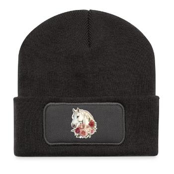 Cheval avec des fleurs - Beanie recyclé à patch - charbon - Devant