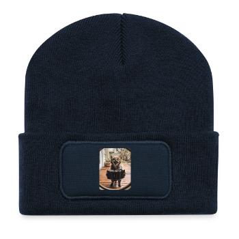 Accordéon chat sur le porche - Beanie recyclé à patch - bleu marine - Devant